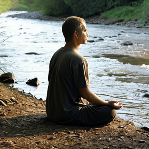 Home 11 **A serene person sitting by a riverbank, observing the flowing water. The person is meditating, with a calm expression and a sense of detachment from the passing water, symbolizing observing thoughts without judgment. Soft, natural lighting.**