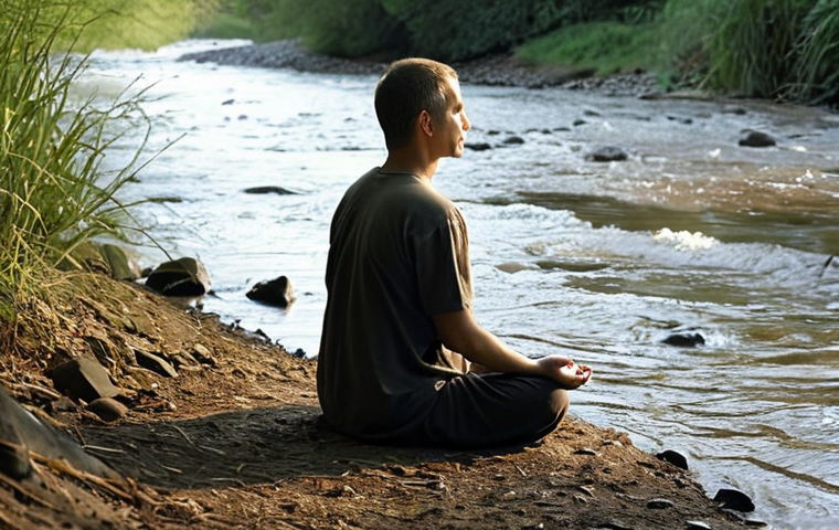 **A serene person sitting by a riverbank, observing the flowing water. The person is meditating, with a calm expression and a sense of detachment from the passing water, symbolizing observing thoughts without judgment. Soft, natural lighting.**