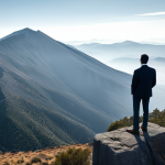 A professional, contemplative individual in modest business-casual attire stands at the precipice of a vast, misty mountain range, reminiscent of the Sierra de Guadarrama. Abstract digital data streams subtly flow into the natural landscape, symbolizing the interplay of information and the unknown. The sky transitions from clear to gently clouded, conveying clarity and uncertainty. The scene is a wide shot, emphasizing the humility of the lone figure against the scale of unexplored knowledge. High-resolution, professional photography, soft natural lighting, rich textures, perfect anatomy, correct proportions, natural pose, well-formed hands, proper finger count, natural body proportions, fully clothed, appropriate attire, modest clothing, safe for work, appropriate content, family-friendly.