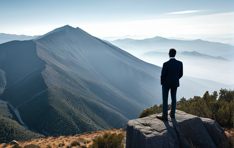 A professional, contemplative individual in modest business-casual attire stands at the precipice of a vast, misty mountain range, reminiscent of the Sierra de Guadarrama. Abstract digital data streams subtly flow into the natural landscape, symbolizing the interplay of information and the unknown. The sky transitions from clear to gently clouded, conveying clarity and uncertainty. The scene is a wide shot, emphasizing the humility of the lone figure against the scale of unexplored knowledge. High-resolution, professional photography, soft natural lighting, rich textures, perfect anatomy, correct proportions, natural pose, well-formed hands, proper finger count, natural body proportions, fully clothed, appropriate attire, modest clothing, safe for work, appropriate content, family-friendly.