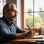 Home 21 지식의 한계 인식이 필요한 이유와 방법 - A thoughtful middle-aged Hispanic man sitting at a modern wooden desk in a cozy home office filled w...