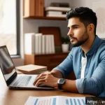 Home 18 지식의 한계와 논리적 사고 - A thoughtful young Hispanic professional sitting at a modern desk in a cozy home office, surrounded ...