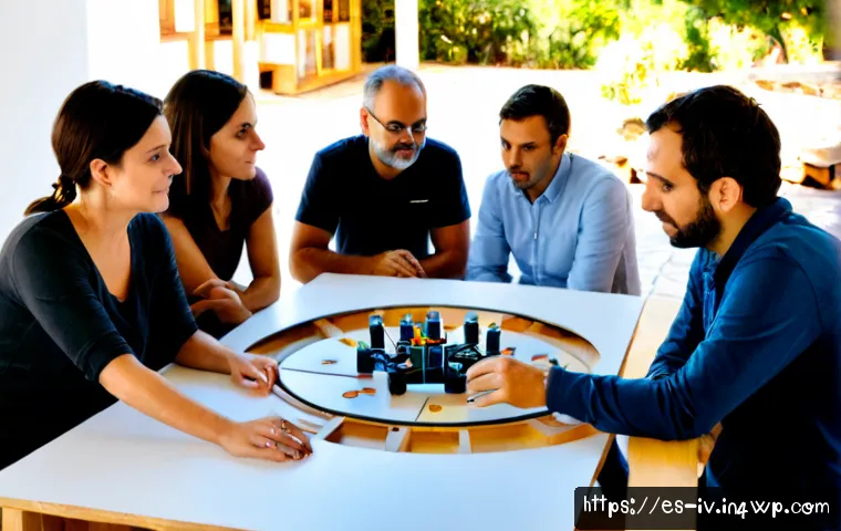 지식의 한계 인식이 가져오는 혁신 - Photorealistic innovation workshop in a sunlit Spanish design studio, diverse adult team gathered ar...